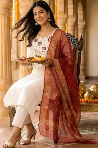 Women Floral Embroidered Regular Thread Work Kurta with Trousers & With Dupatta