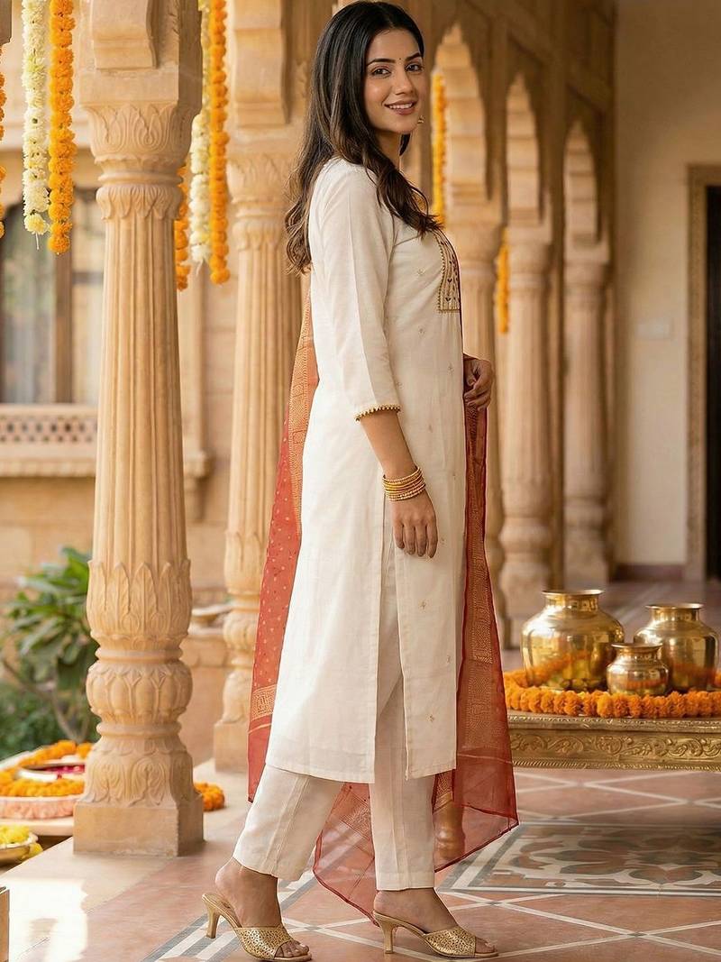 Women Floral Embroidered Regular Thread Work Kurta with Trousers & With Dupatta