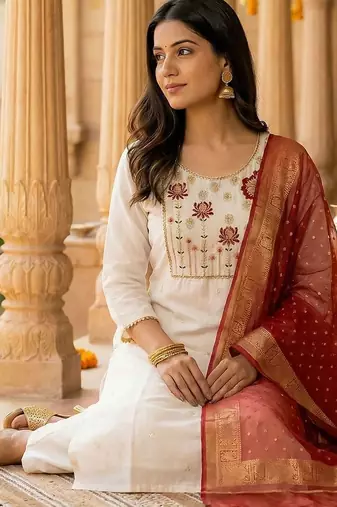 Women Floral Embroidered Regular Thread Work Kurta with Trousers & With Dupatta