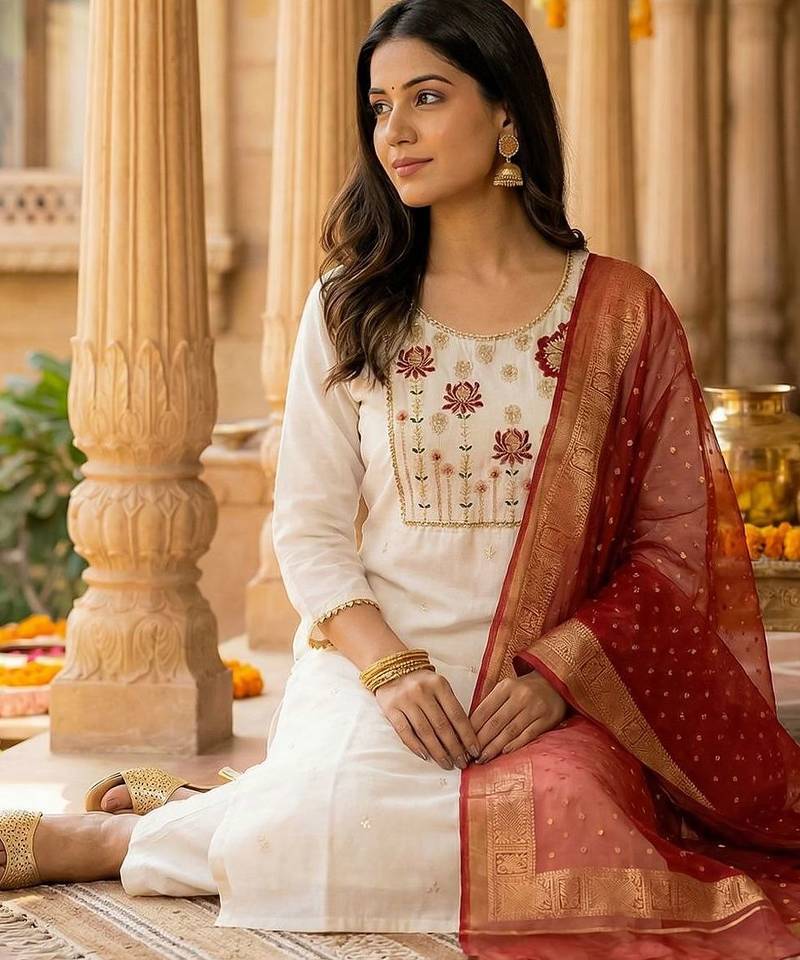 Women Floral Embroidered Regular Thread Work Kurta with Trousers & With Dupatta