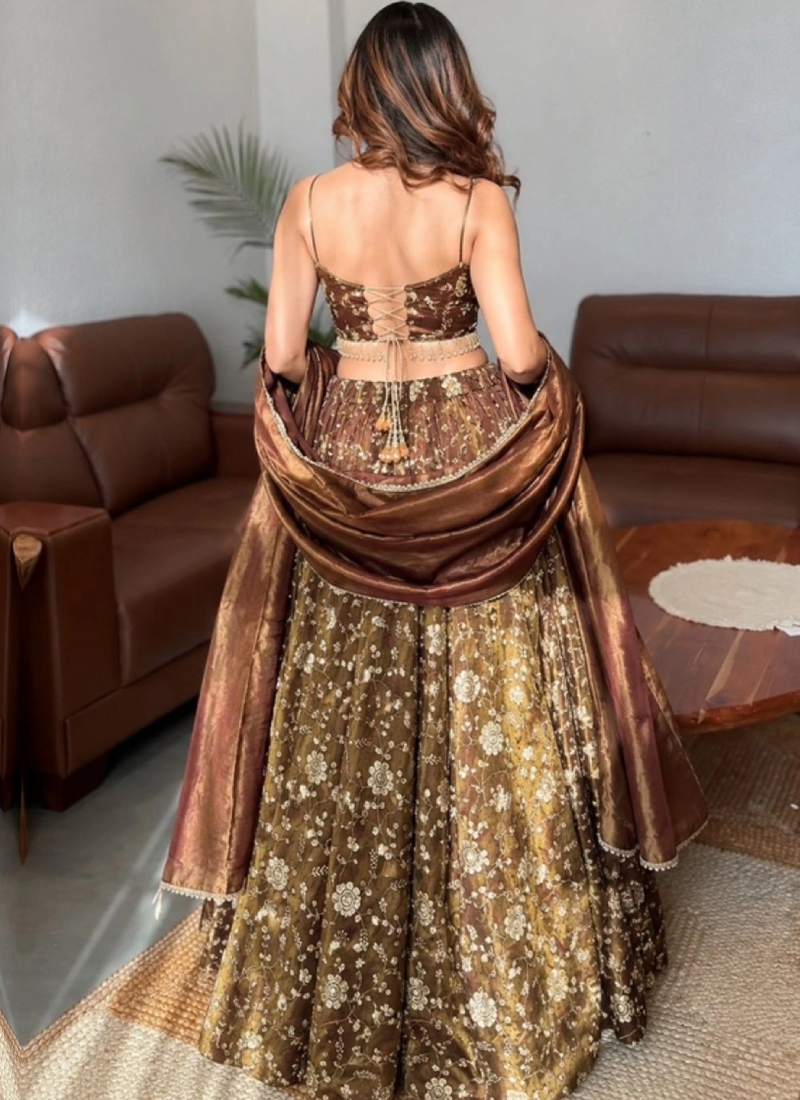 Women's Brown Silk Zari Embroidery Work Lehenga Choli