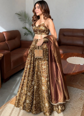 Women's Brown Silk Zari Embroidery Work Lehenga Choli 5