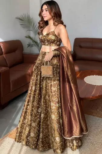 Women's Brown Silk Zari Embroidery Work Lehenga Choli