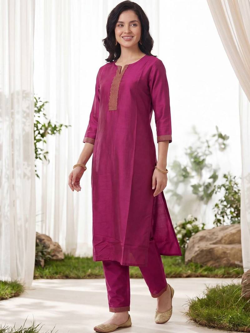 Women Ethnic Motifs Regular Beads and Stones Kurta with Trousers