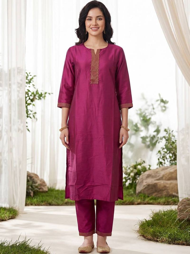 Women Ethnic Motifs Regular Beads and Stones Kurta with Trousers