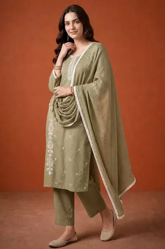 Thread Pure Cotton Straight Kurta Pant and Dupatta Set