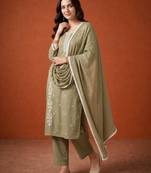 Thread Pure Cotton Straight Kurta Pant and Dupatta Set