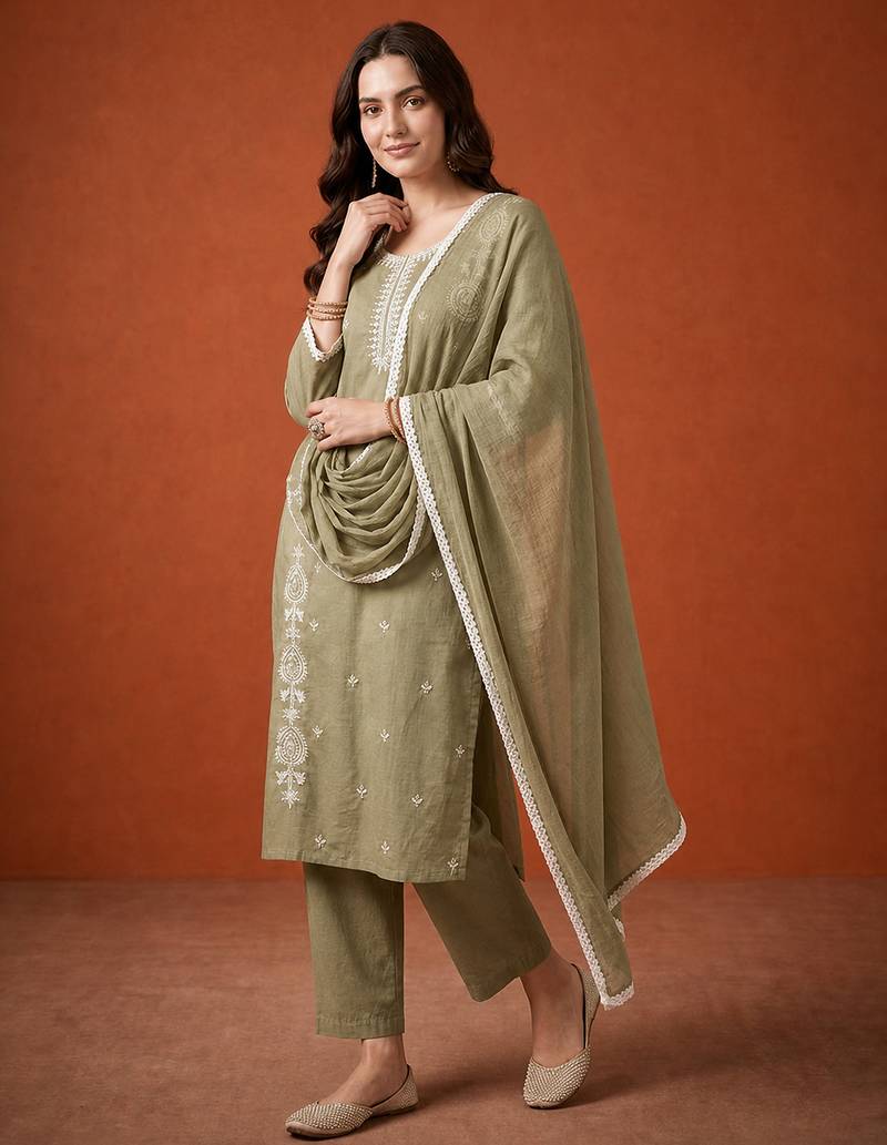 Thread Pure Cotton Straight Kurta Pant and Dupatta Set