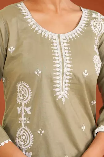 Thread Pure Cotton Straight Kurta Pant and Dupatta Set