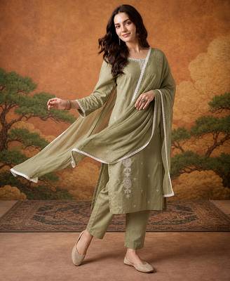 Thread Pure Cotton Straight Kurta Pant and Dupatta Set 3