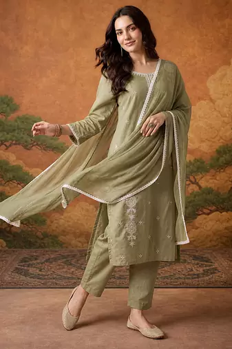 Thread Pure Cotton Straight Kurta Pant and Dupatta Set