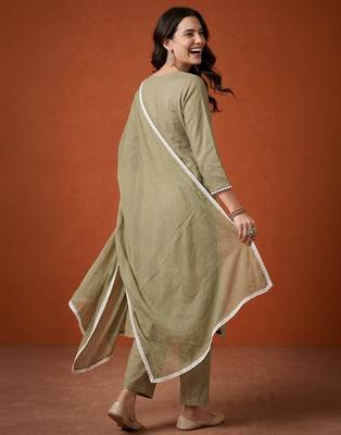Thread Pure Cotton Straight Kurta Pant and Dupatta Set 4
