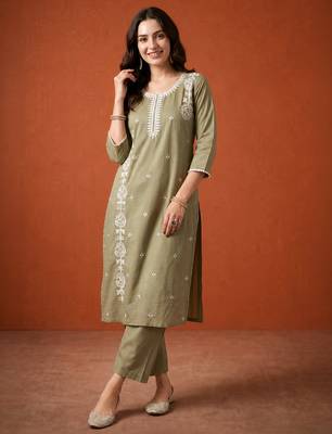 Thread Pure Cotton Straight Kurta Pant and Dupatta Set 5