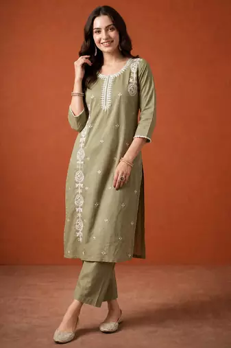 Thread Pure Cotton Straight Kurta Pant and Dupatta Set