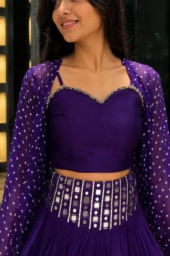purple cotton embroidered stone work ghagra choli