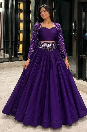purple cotton embroidered stone work ghagra choli