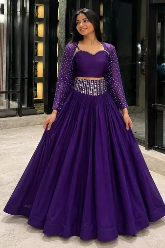 purple cotton embroidered stone work ghagra choli