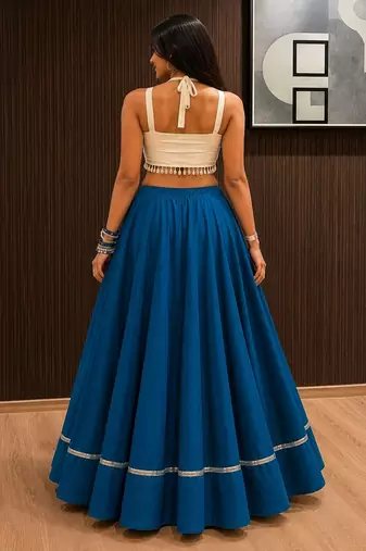 royal blue cotton plain mirror work ghagra choli