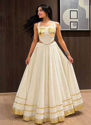 ivory cotton embroidered mirror work ghagra choli 1