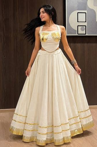 ivory cotton embroidered mirror work ghagra choli