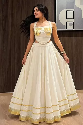 ivory cotton embroidered mirror work ghagra choli