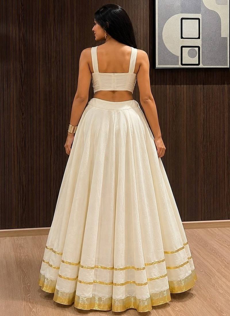 ivory cotton embroidered mirror work ghagra choli