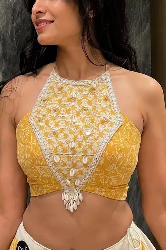 multicolor cotton printed mirror work ghagra choli