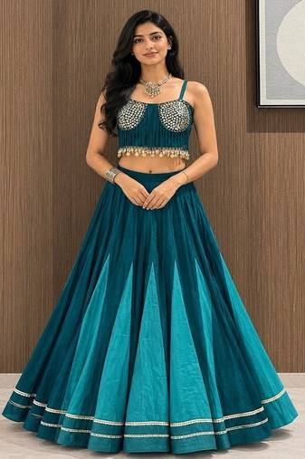teal cotton plain sequins work ghagra choli
