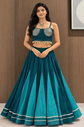 teal cotton plain sequins work ghagra choli