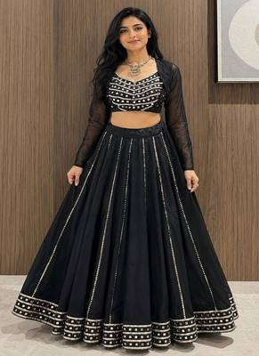 black cotton embroidered mirror work ghagra choli 1