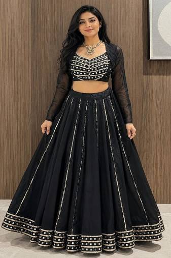 black cotton embroidered mirror work ghagra choli