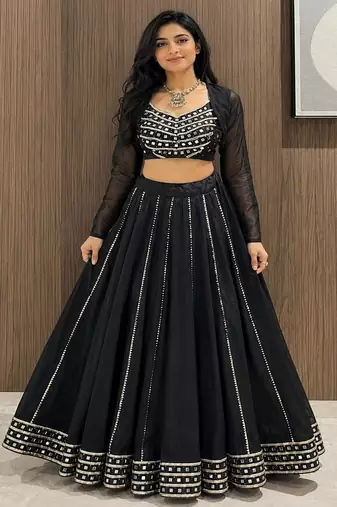 black cotton embroidered mirror work ghagra choli