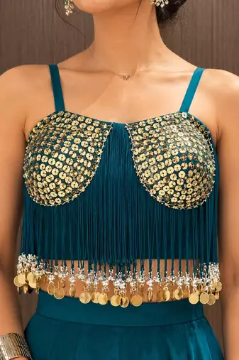 teal cotton plain sequins work ghagra choli