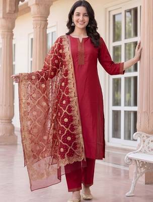 Women Ethnic Motifs Regular Thread Work Kurta with Trousers & With Dupatta 1