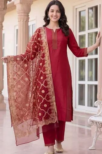 Women Ethnic Motifs Regular Thread Work Kurta with Trousers & With Dupatta