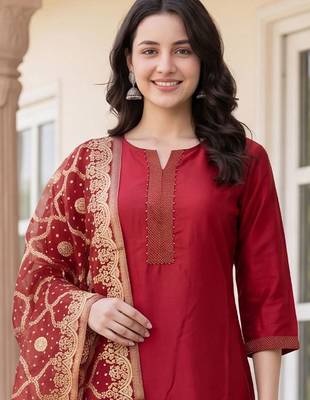 Women Ethnic Motifs Regular Thread Work Kurta with Trousers & With Dupatta 2