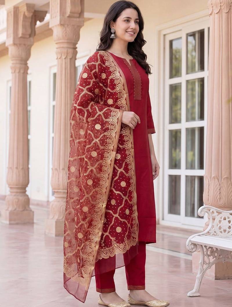 Women Ethnic Motifs Regular Thread Work Kurta with Trousers & With Dupatta