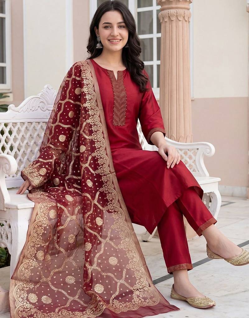 Women Ethnic Motifs Regular Thread Work Kurta with Trousers & With Dupatta