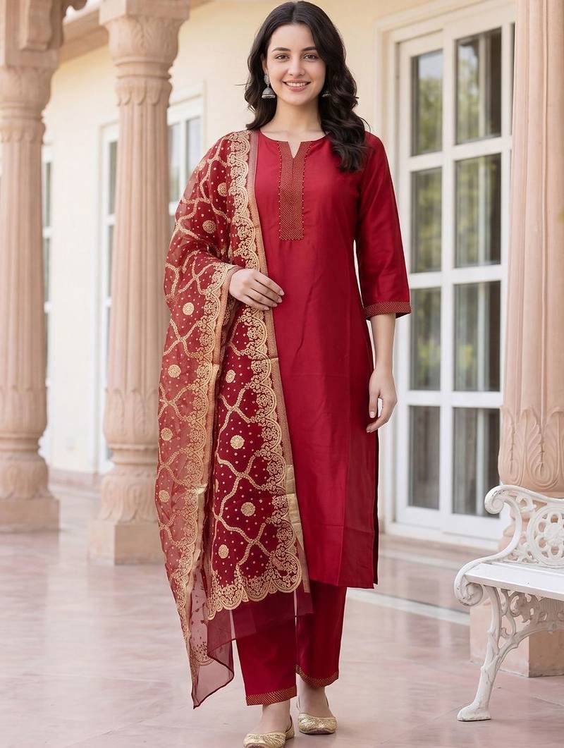 Women Ethnic Motifs Regular Thread Work Kurta with Trousers & With Dupatta
