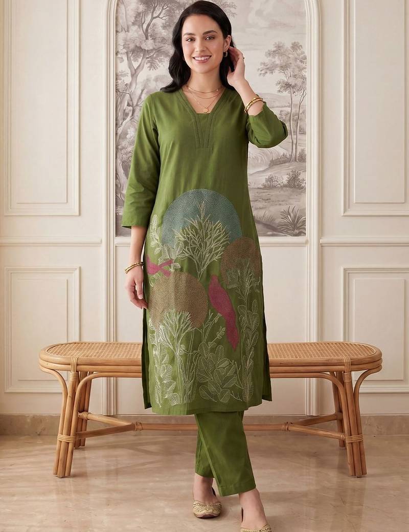 Women Ethnic Motifs Embroidered Regular Thread Work Kurta with Trousers