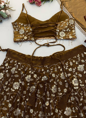Women's Brown Silk Zari Embroidery Work Lehenga Choli 6