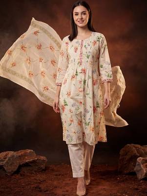 Floral Printed Pleated Thread Work Cotton Kurta with Trousers & With Dupatta 1