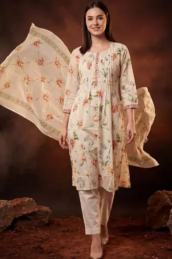 Floral Printed Pleated Thread Work Cotton Kurta with Trousers & With Dupatta