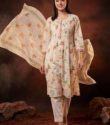 Floral Printed Pleated Thread Work Cotton Kurta with Trousers & With Dupatta