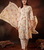 Floral Printed Pleated Thread Work Cotton Kurta with Trousers & With Dupatta