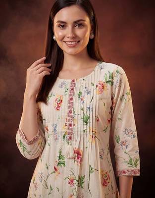 Floral Printed Pleated Thread Work Cotton Kurta with Trousers & With Dupatta 2