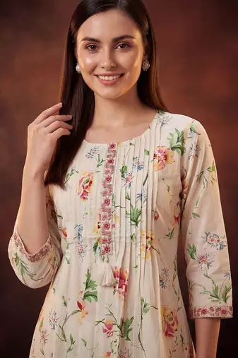 Floral Printed Pleated Thread Work Cotton Kurta with Trousers & With Dupatta