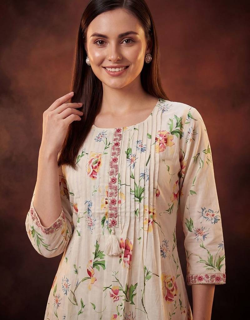 Floral Printed Pleated Thread Work Cotton Kurta with Trousers & With Dupatta