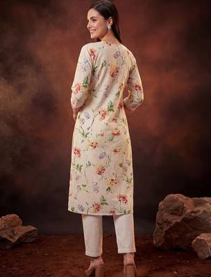 Floral Printed Pleated Thread Work Cotton Kurta with Trousers & With Dupatta 3