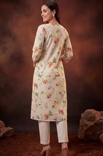 Floral Printed Pleated Thread Work Cotton Kurta with Trousers & With Dupatta